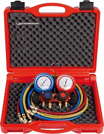 Четырехпозиционный аналоговый манометрический коллектор и напорные шланги для хладагентов R22, R134A, R407C, R404A Rothenberger Standard I 1/4 SAE